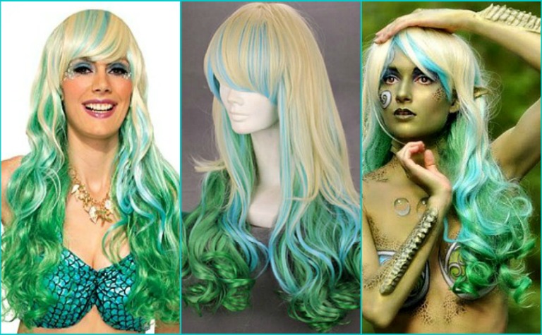 Women's Long Blonde, Green, Blue, Curly Waves Mermaid Cosplay Costume Wig