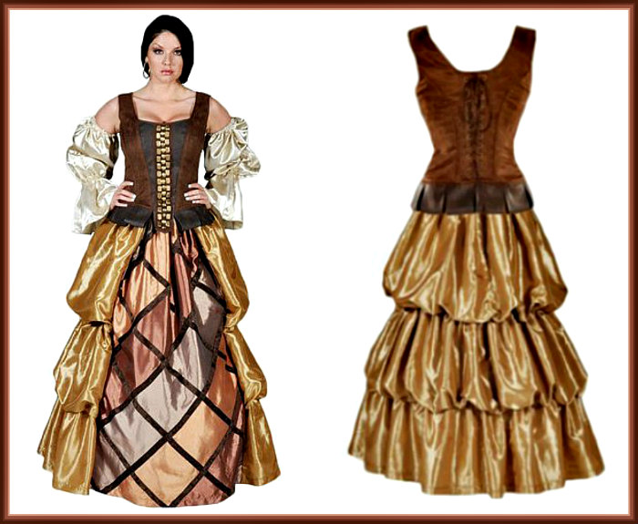 Deluxe Women's Tavern Wench, Gypsy Queen, or Pirate Wench Theatre Costume in Faux Leather, Copper, Gold and Cream - DeluxeAdultCostumes.com