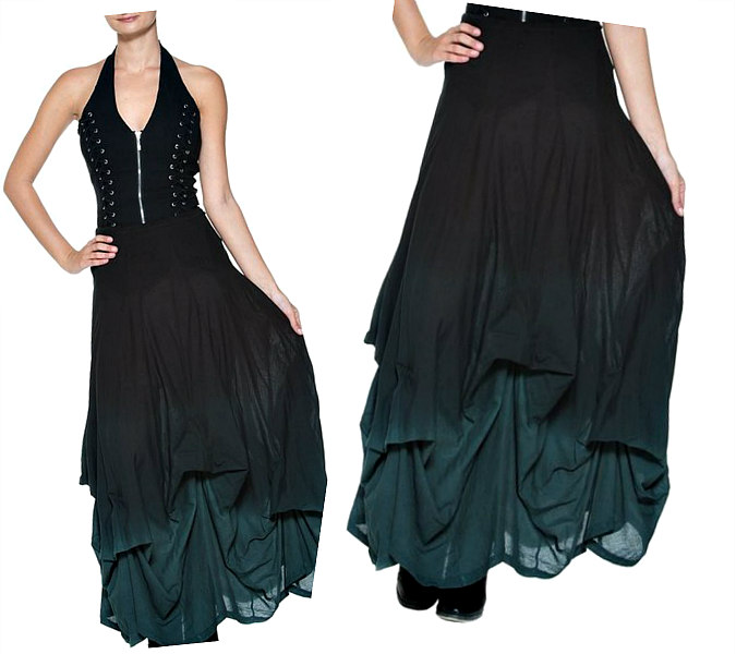 Women's Long Black to Teal Ombre Layered Ruched Skirt - DeluxeAdultCostumes.com