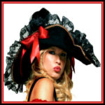 Sexy Vixen Black Swashbuckler Pirate Hat with Gold Braid, Black Lace, and Red Satin Bow