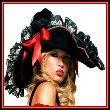 Women's Sexy Vixen Black Swashbuckler's Pirate Hat Accented with Gold Braid, Black Lace Trim, and Red Satin Bow