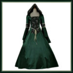 Deluxe Adult Costumes - Women's Medieval green satin fancy hooded travel dress costume with brocade front panel by CosplayDiy