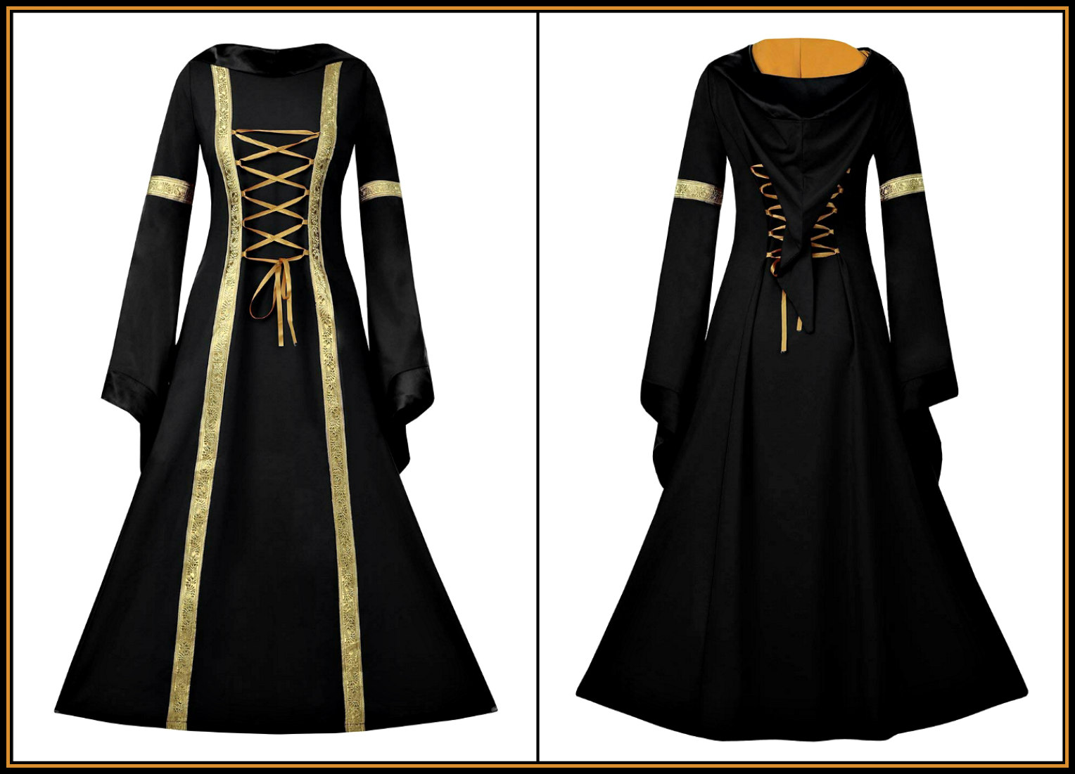 Medieval Women's Celtic Trim Black Hooded Travel Dress - DeluxeAdultCostumes.com