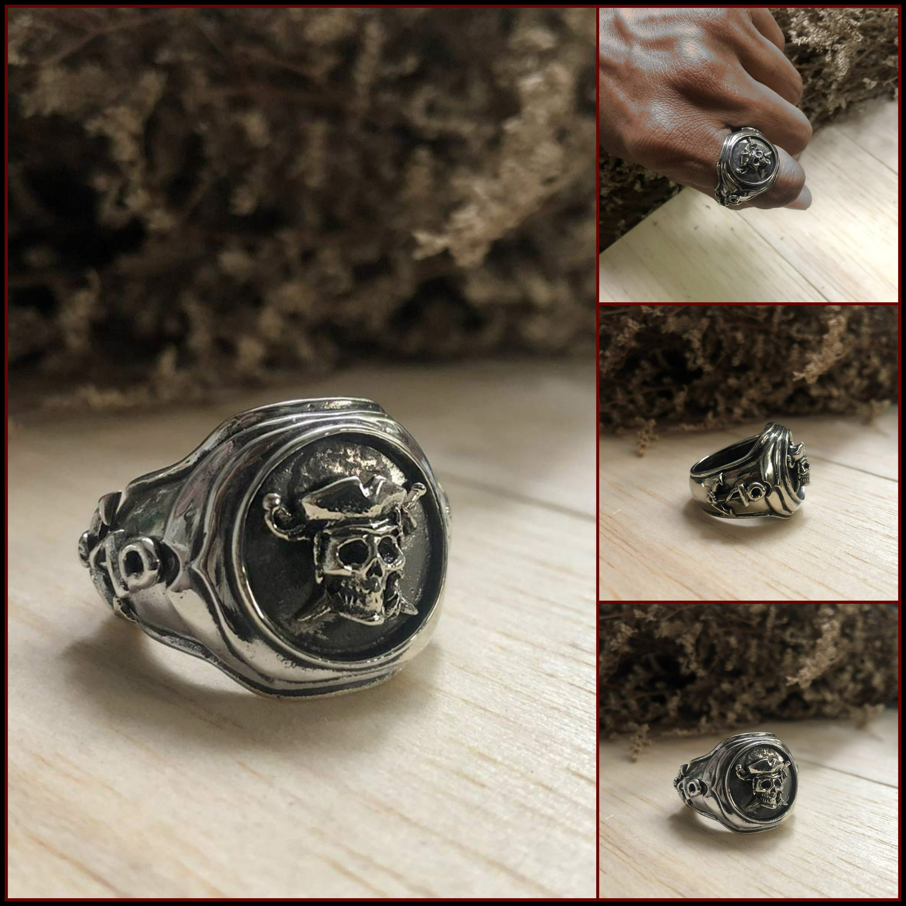 Men's Handmade Silver Pirate Scull and Crossbones, Anchor and Ship's Wheel Ring - DeluxeAdultCostumes.com